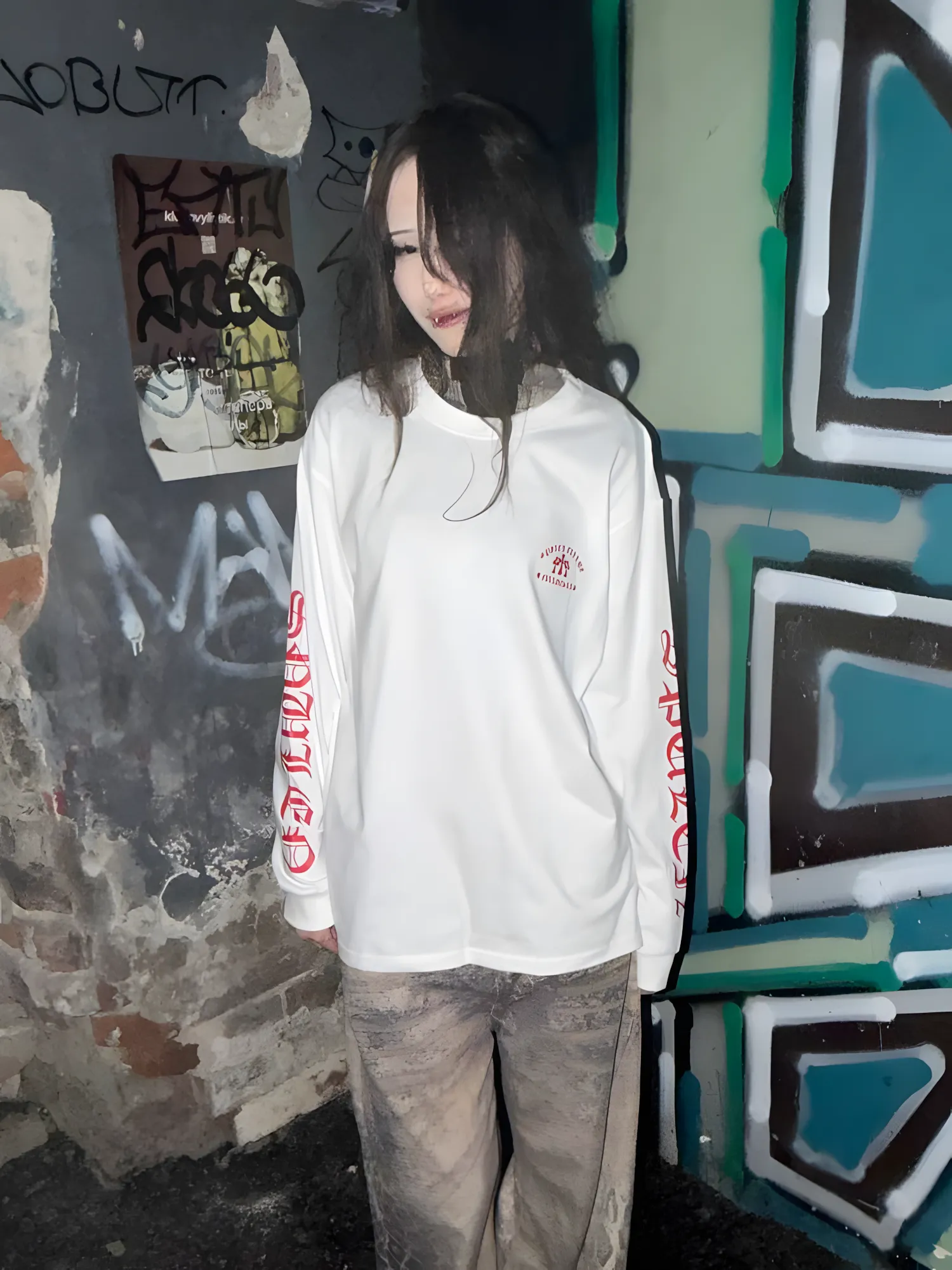 Spder 555555 — White Longsleeve Red Gothic Logo